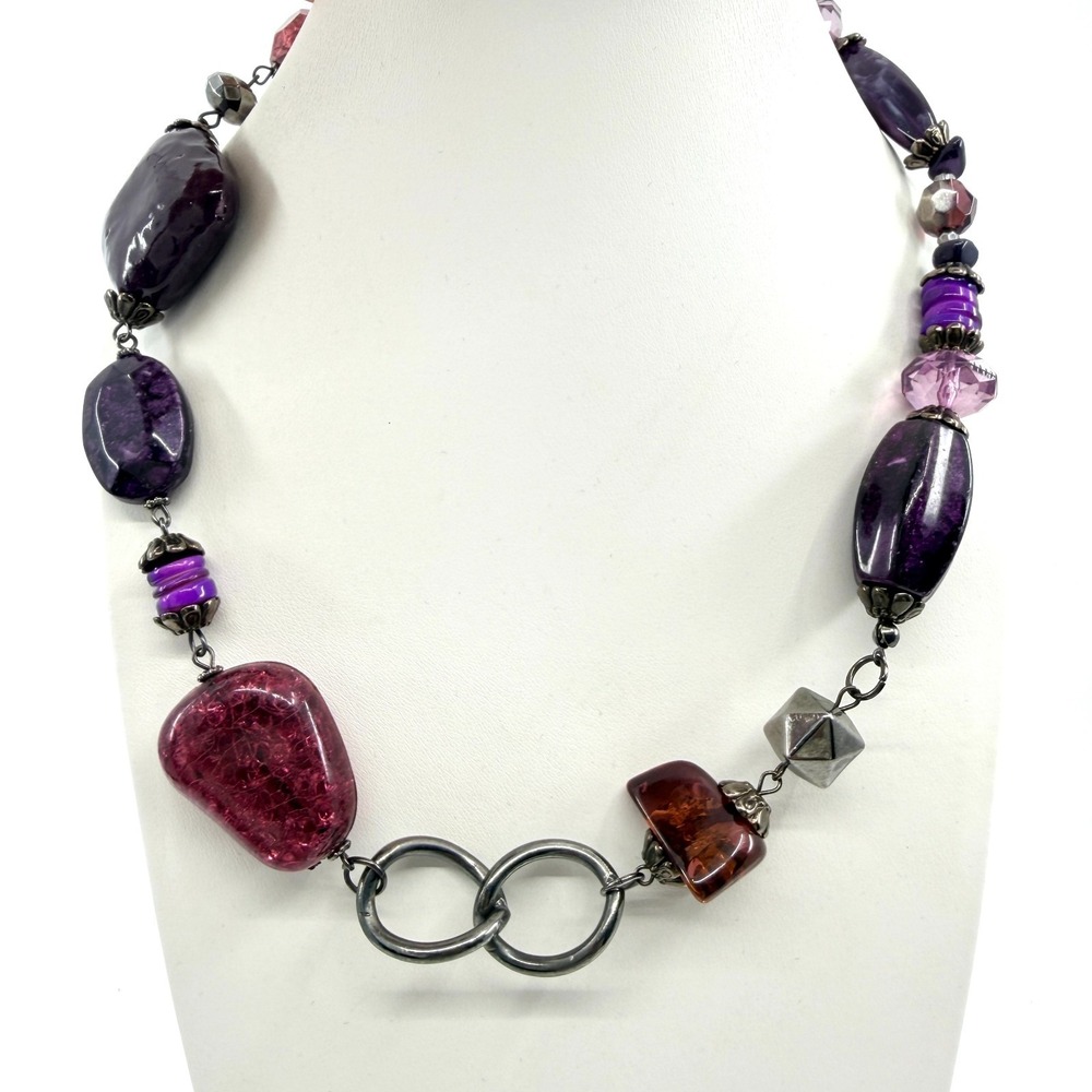 Vintage‎ Retro Purple Magenta Asymmetric Multi Bead Chunky Statement Necklace
